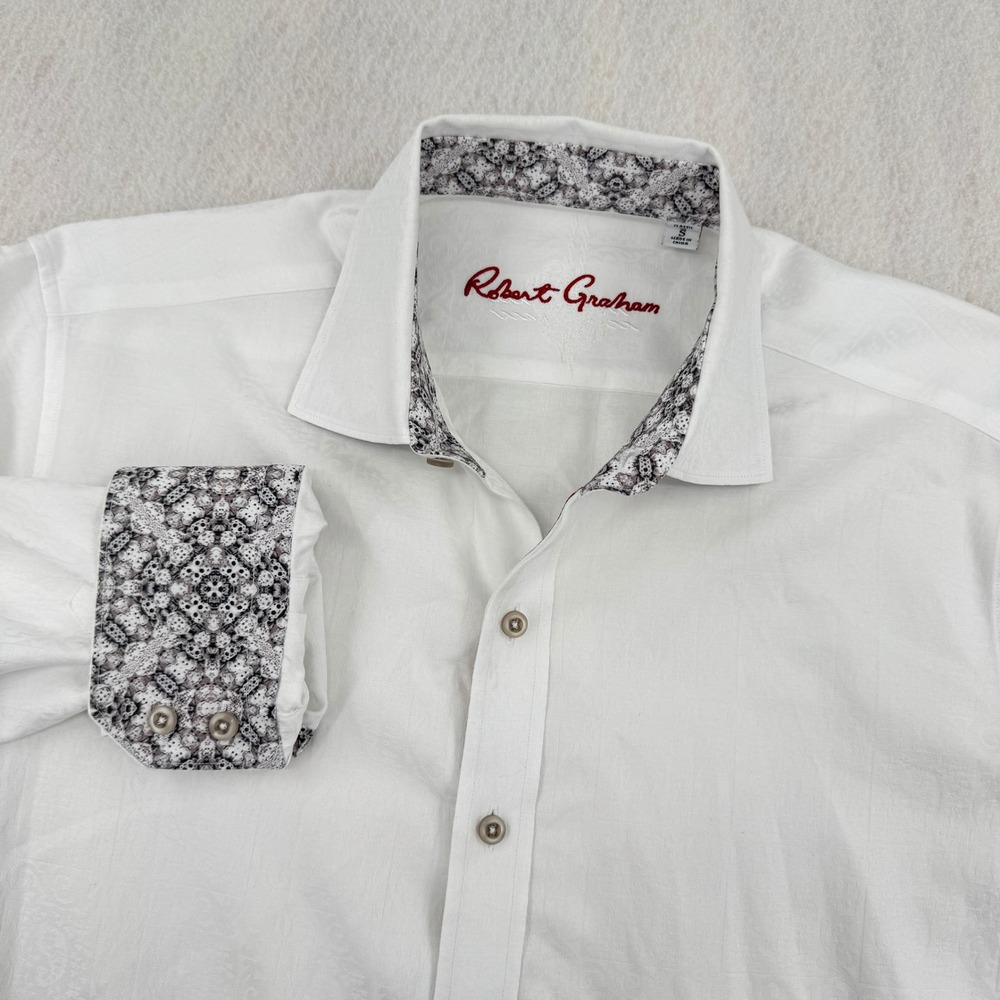 Robert Graham Mens S White Paisley Jacquard Long Sleeve Button Down Flip Cuff